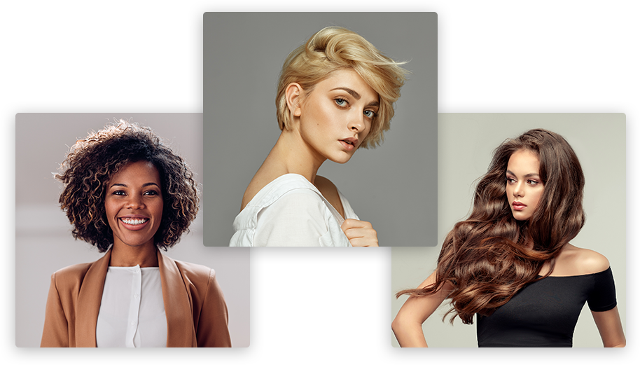 3 modelos com diferentes tipos de cabelo